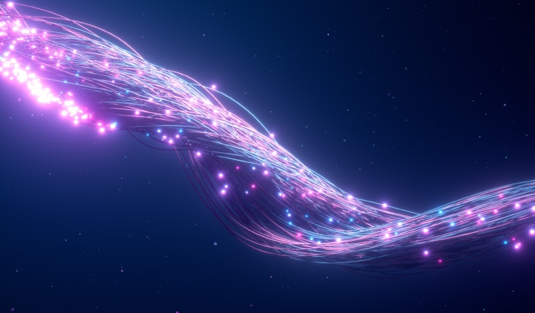 Glowing fiber optic cable. Information flows by wire. The concept of technology and information transfer. Modern blue purple color spectrum 3d illustration