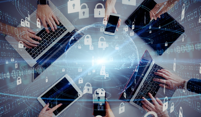 Abstract image of laptop computers overlayed with security padlock images