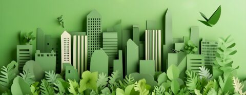 Simplified paper art style artwork of a green city skyline blend