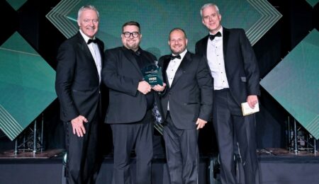 Winners of the Innovation of the Year award, sponsored by Modern Networks, the Westfield London team, alongside Modern Networks’ James Tizzard and compère Rory Bremner.